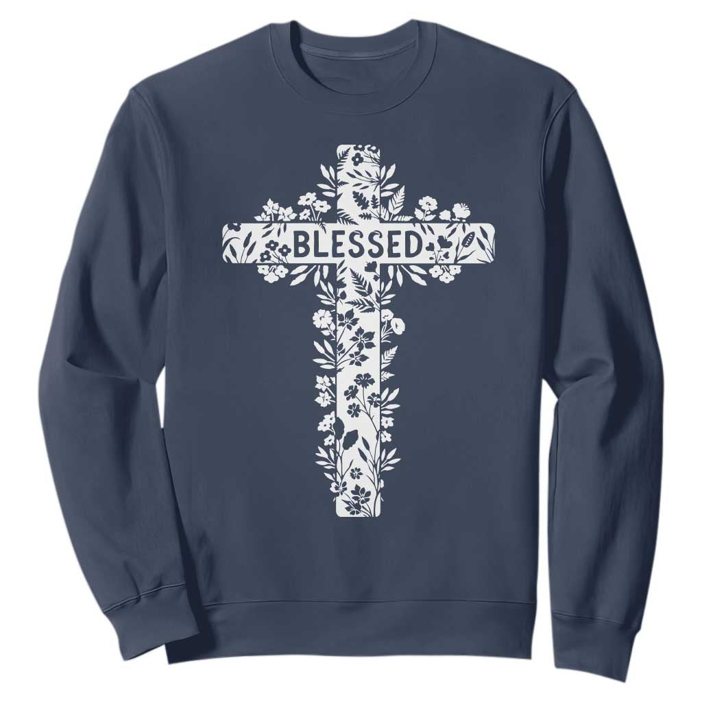 Blessed Floral Cross Christian Graphic Sweatshirt Faith Inspired Minimalist Scripture TS02 Navy Print Your Wear