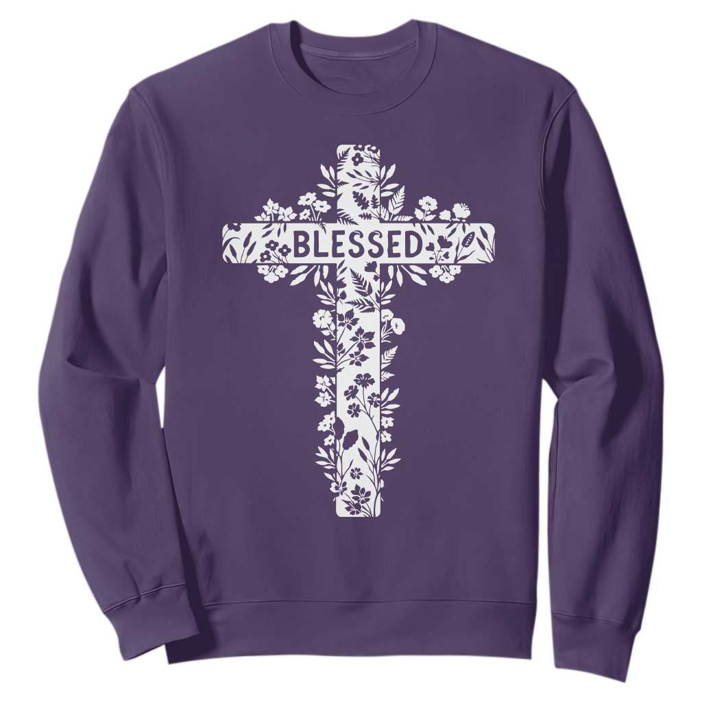 Blessed Floral Cross Christian Graphic Sweatshirt Faith Inspired Minimalist Scripture TS02 Purple Print Your Wear