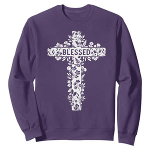 Blessed Floral Cross Christian Graphic Sweatshirt Faith Inspired Minimalist Scripture TS02 Purple Print Your Wear
