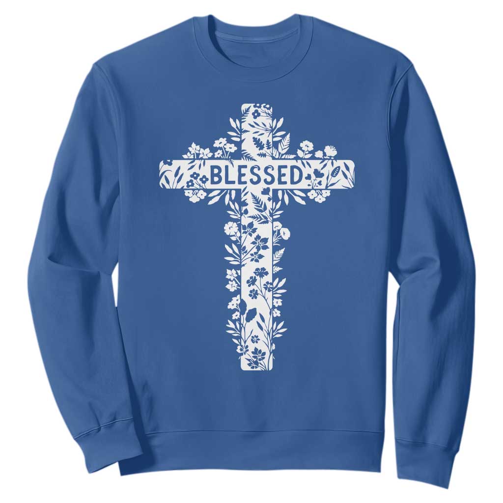 Blessed Floral Cross Christian Graphic Sweatshirt Faith Inspired Minimalist Scripture TS02 Royal Blue Print Your Wear