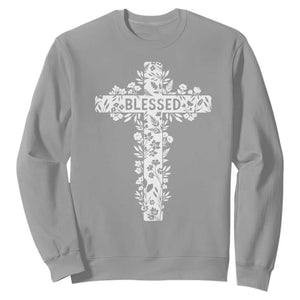 Blessed Floral Cross Christian Graphic Sweatshirt Faith Inspired Minimalist Scripture TS02 Sport Gray Print Your Wear