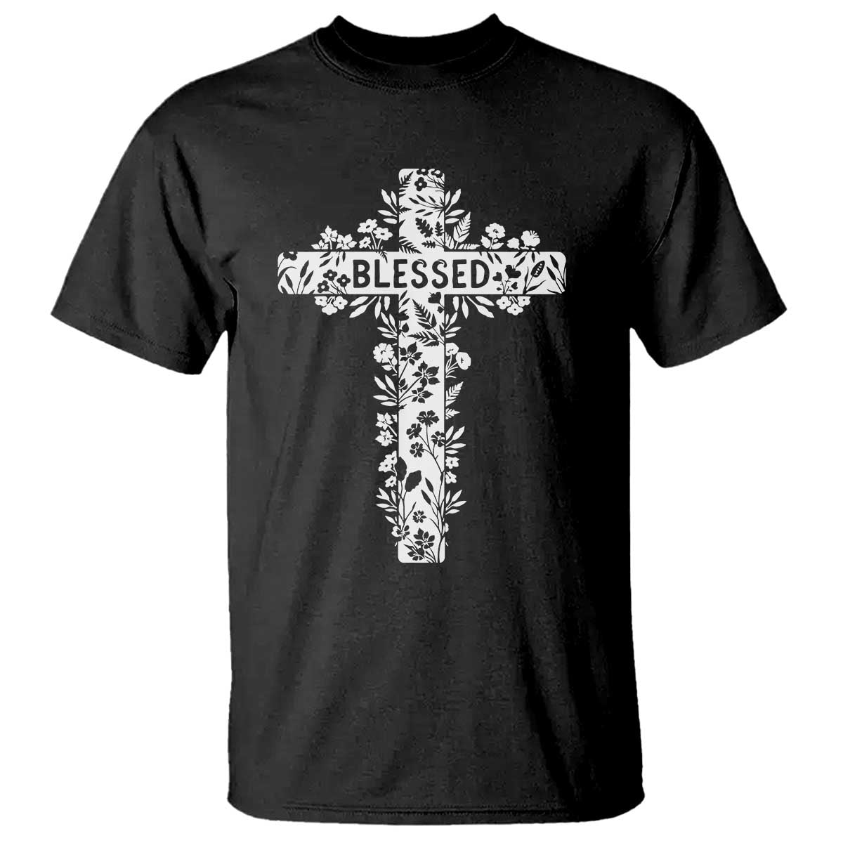 Blessed Floral Cross Christian Graphic T Shirt Faith Inspired Minimalist Scripture TS02 Black Print Your Wear