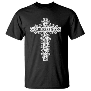 Blessed Floral Cross Christian Graphic T Shirt Faith Inspired Minimalist Scripture TS02 Black Print Your Wear