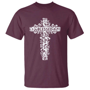 Blessed Floral Cross Christian Graphic T Shirt Faith Inspired Minimalist Scripture TS02 Maroon Print Your Wear