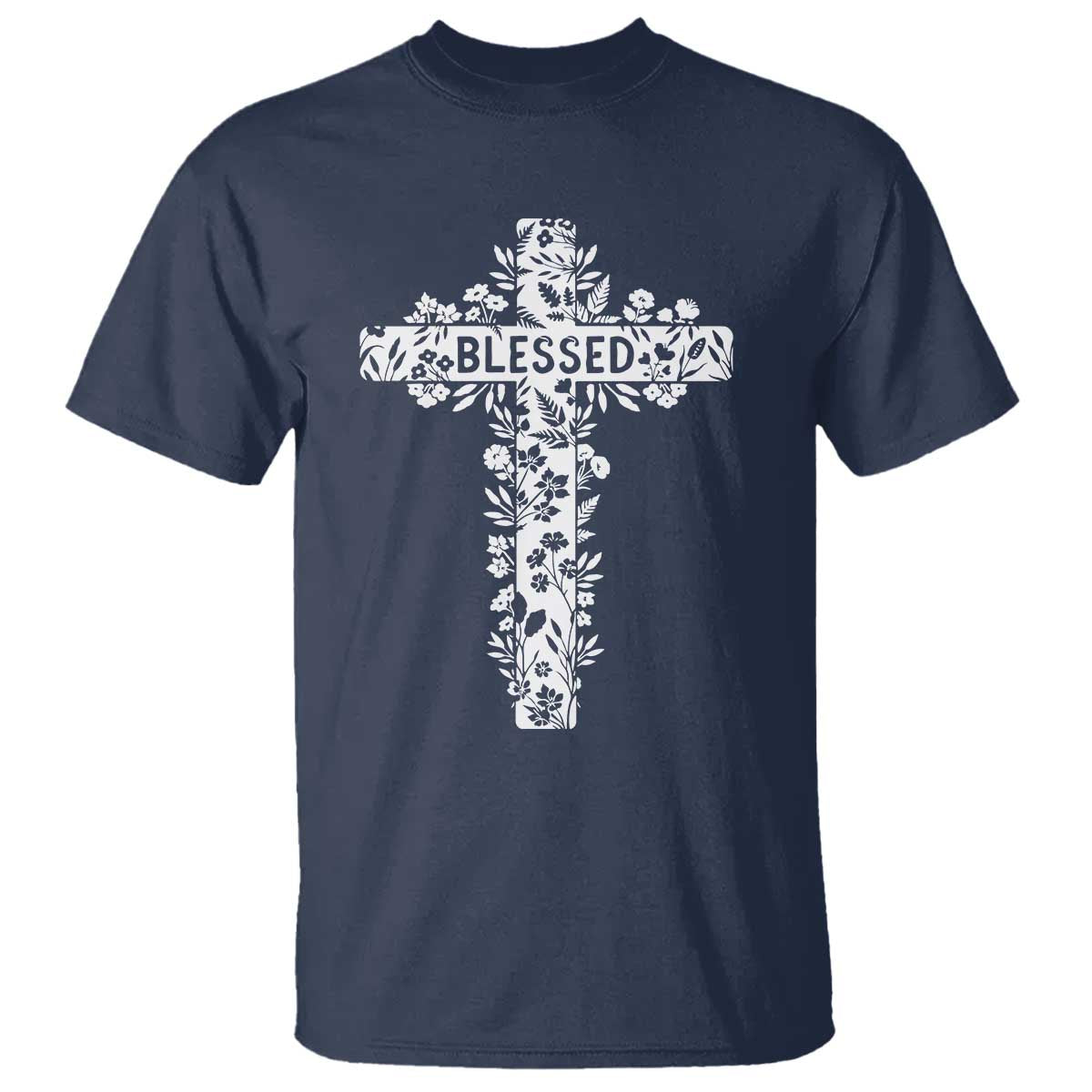 Blessed Floral Cross Christian Graphic T Shirt Faith Inspired Minimalist Scripture TS02 Navy Print Your Wear