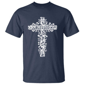 Blessed Floral Cross Christian Graphic T Shirt Faith Inspired Minimalist Scripture TS02 Navy Print Your Wear