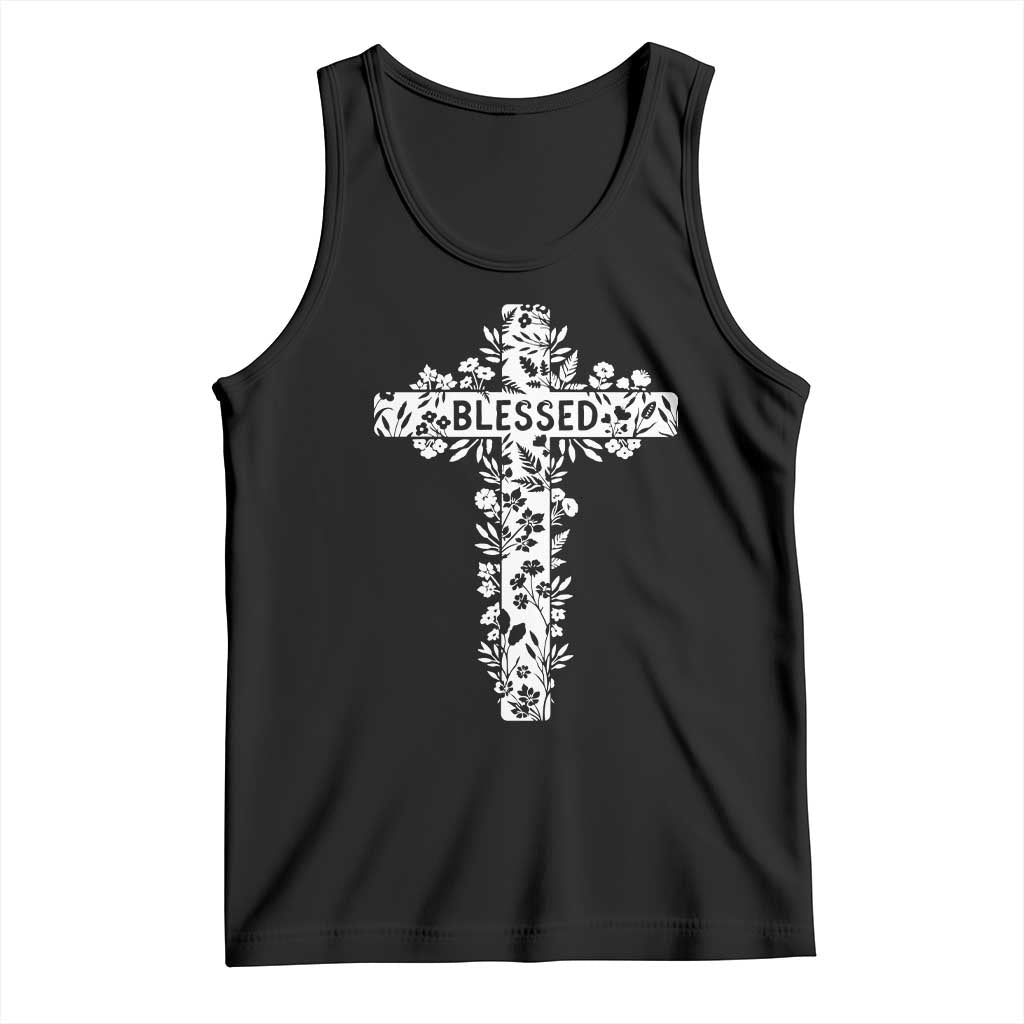Blessed Floral Cross Christian Graphic Tank Top Faith Inspired Minimalist Scripture TS02 Black Print Your Wear