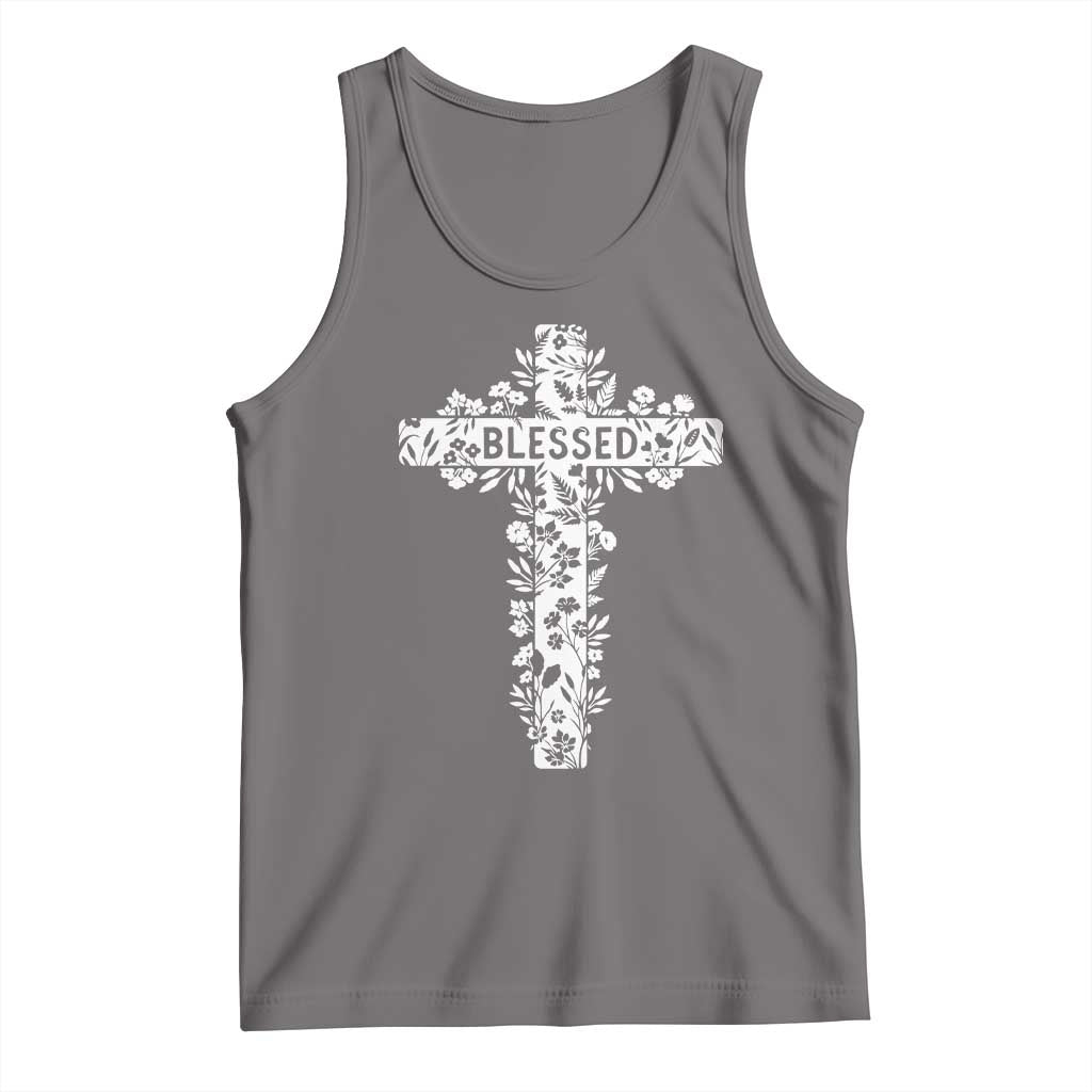 Blessed Floral Cross Christian Graphic Tank Top Faith Inspired Minimalist Scripture TS02 Deep Heather Print Your Wear