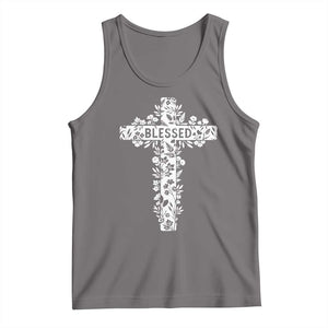 Blessed Floral Cross Christian Graphic Tank Top Faith Inspired Minimalist Scripture TS02 Deep Heather Print Your Wear