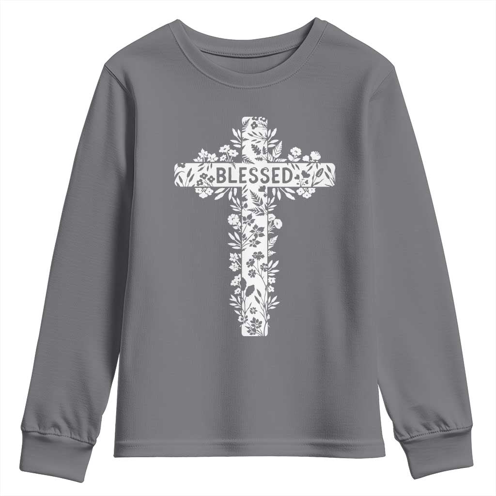 Blessed Floral Cross Christian Graphic Youth Sweatshirt Faith Inspired Minimalist Scripture TS02 Charcoal Print Your Wear