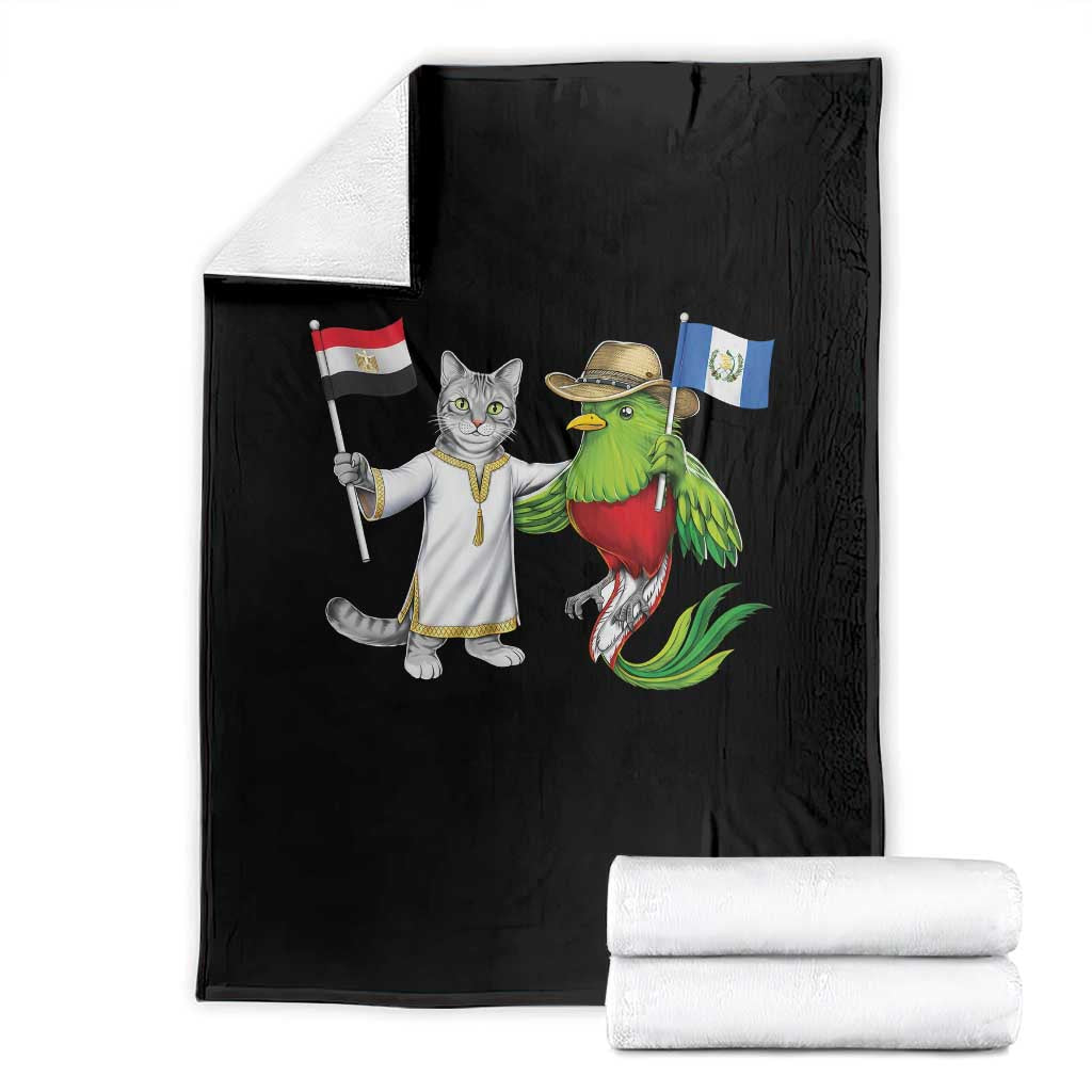 Egypt and Guatemala Friendship Heritage Pride Throw Blanket Cute Cat and Quetzal Holding Flag TS02 Black Print Your Wear