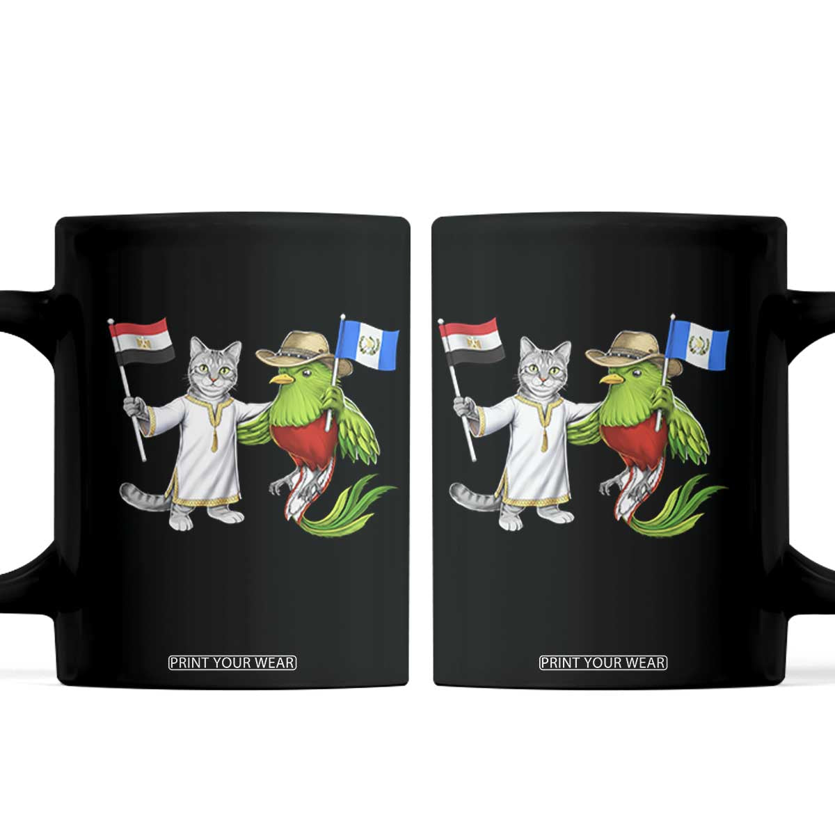 Egypt and Guatemala Friendship Heritage Pride Coffee Mug Cute Cat and Quetzal Holding Flag TS02 Black Print Your Wear