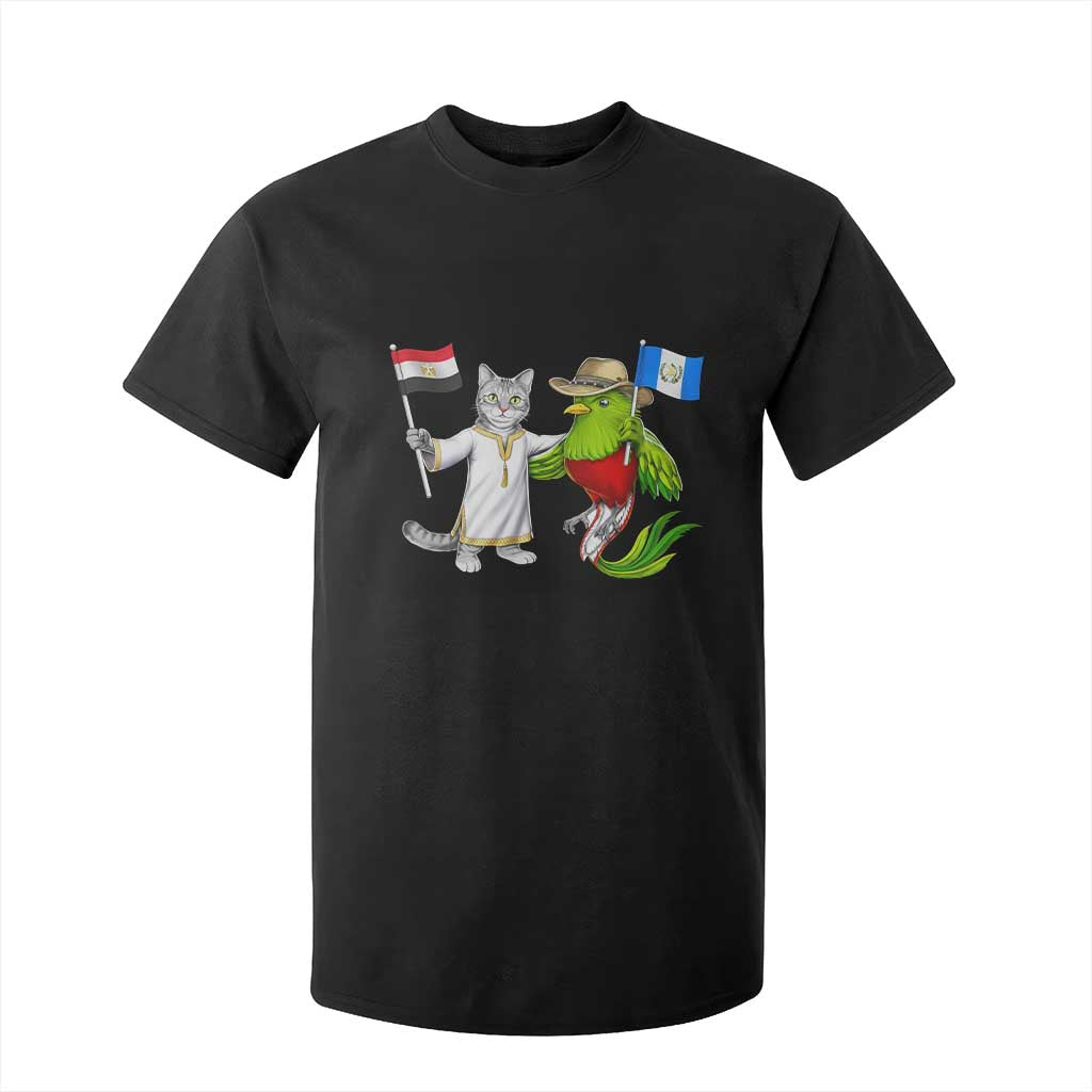 Egypt and Guatemala Friendship Heritage Pride T Shirt For Kid Cute Cat and Quetzal Holding Flag TS02 Black Print Your Wear