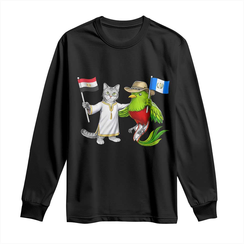 Egypt and Guatemala Friendship Heritage Pride Long Sleeve Shirt Cute Cat and Quetzal Holding Flag TS02 Black Print Your Wear