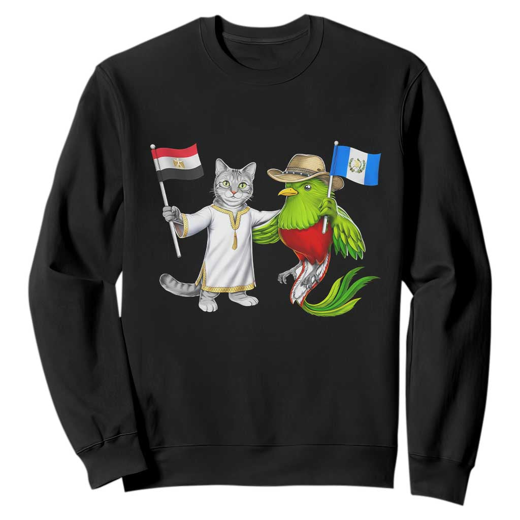 Egypt and Guatemala Friendship Heritage Pride Sweatshirt Cute Cat and Quetzal Holding Flag TS02 Black Print Your Wear