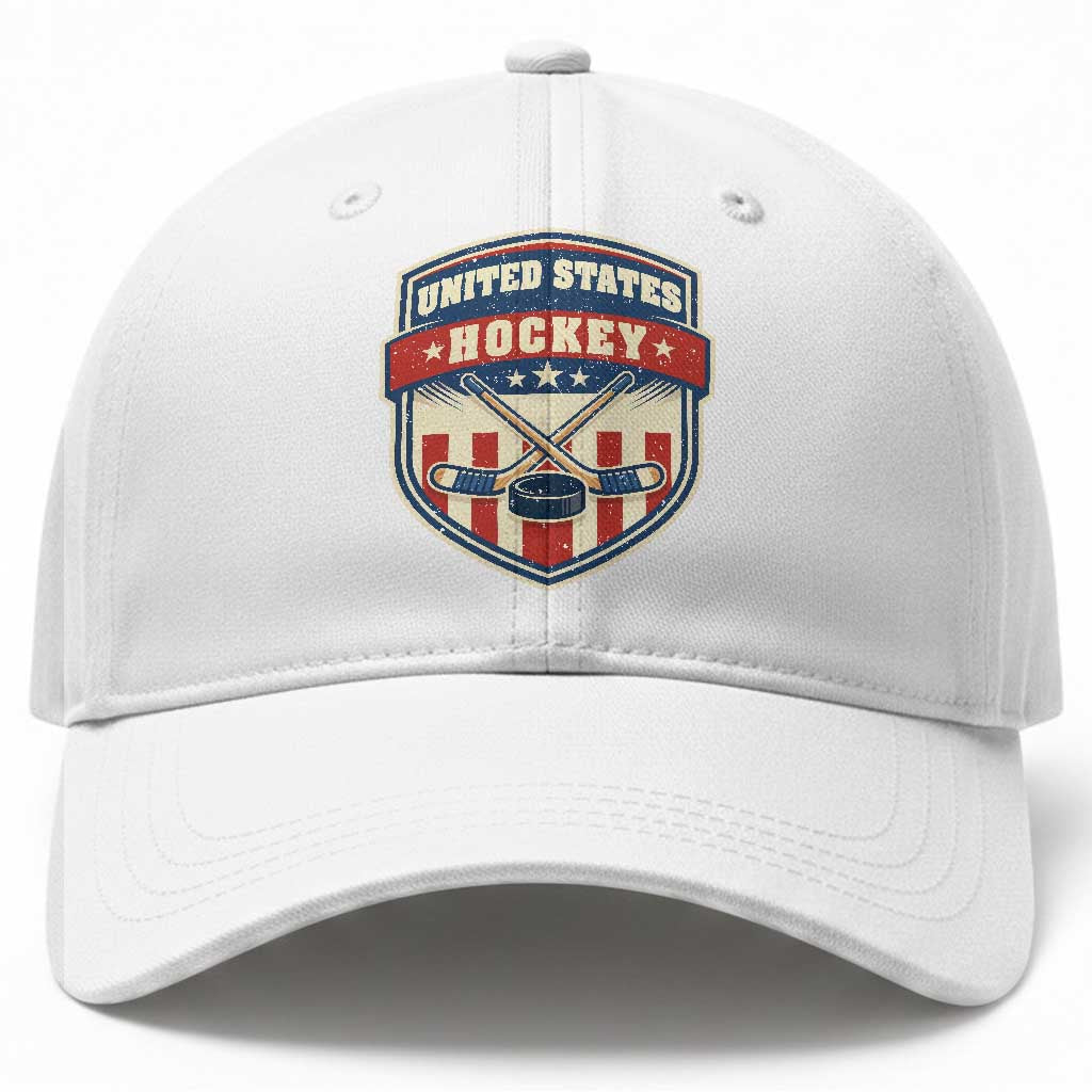 Hockey Crossed Sticks And Puck Retro USA Shield Flag Baseball Cap Red White Blue Striped Patriotic Sports Fan Pride Graphic TS02 Print Your Wear