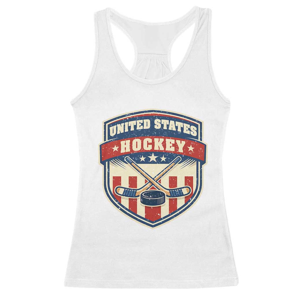 Hockey Crossed Sticks And Puck Retro USA Shield Flag Racerback Tank Top Red White Blue Striped Patriotic Sports Fan Pride Graphic TS02 White Print Your Wear