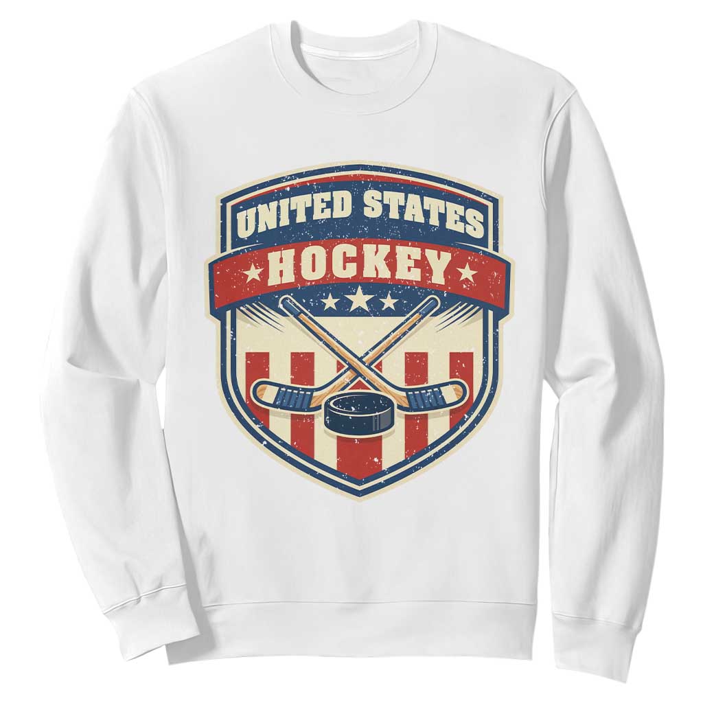 Hockey Crossed Sticks And Puck Retro USA Shield Flag Sweatshirt Red White Blue Striped Patriotic Sports Fan Pride Graphic TS02 White Print Your Wear