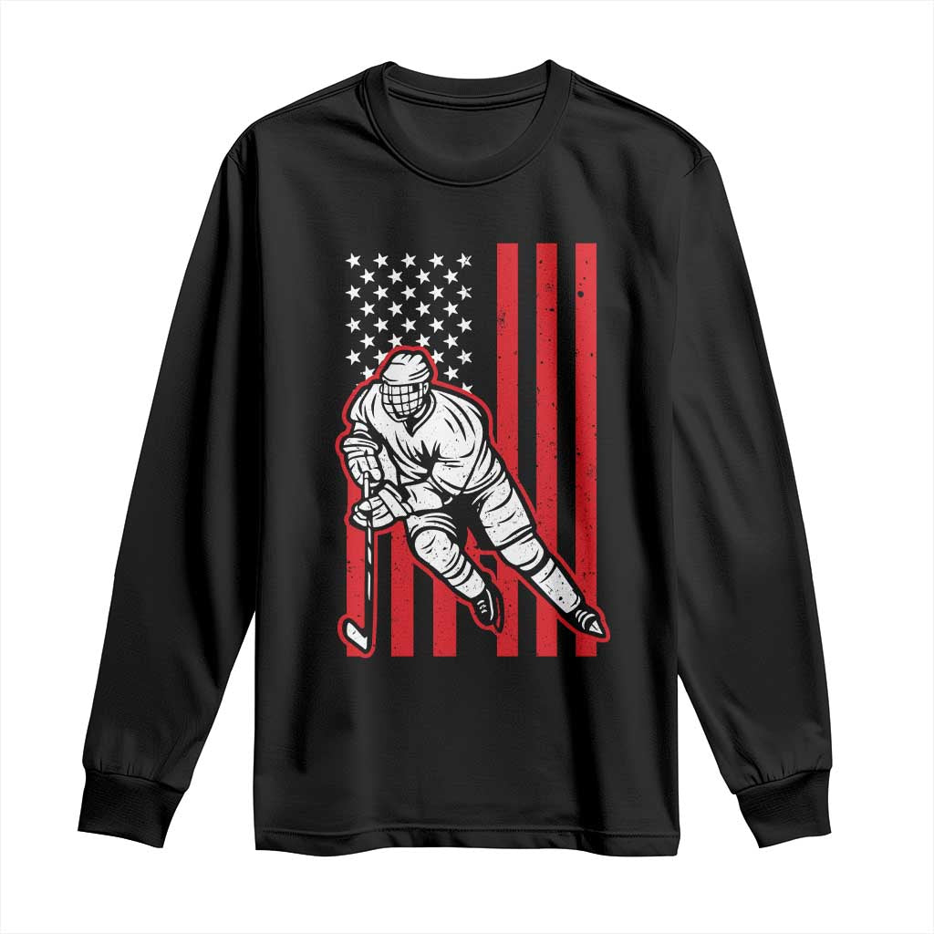 Patriotic American Flag Ice Hockey Player Long Sleeve Shirt Stars And Stripes Sports Graphic TS02 Black Print Your Wear