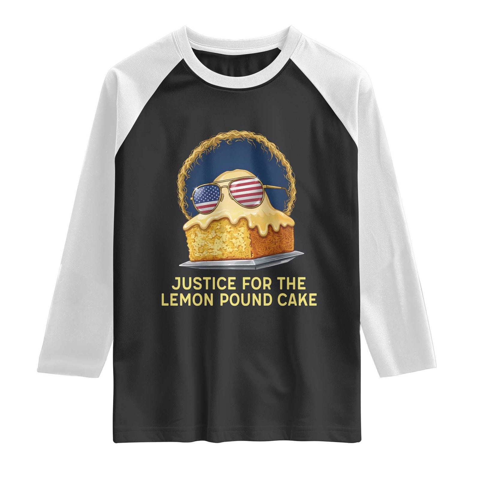 Justice for the Lemon Pound Cake Raglan Shirt Viral Meme Dessert Parody Retro Hip Hop Vibe TS02 Black White Print Your Wear