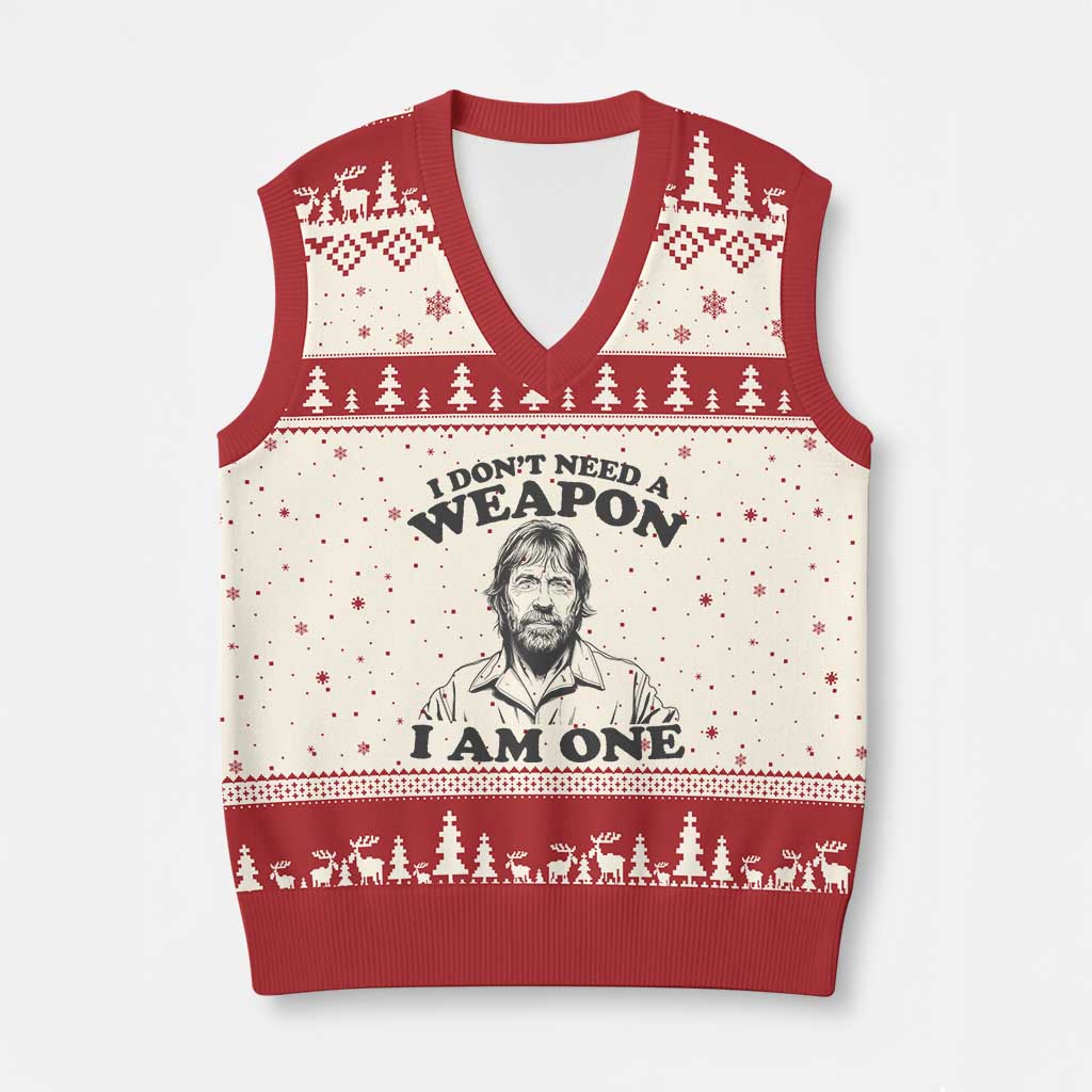 Funny Tough Guy Chuck Meme V-Neck Knit Sweater Vest I Dont Need a Weapon I Am One Retro Action Legend Parody TS02 Beige Red Print Your Wear