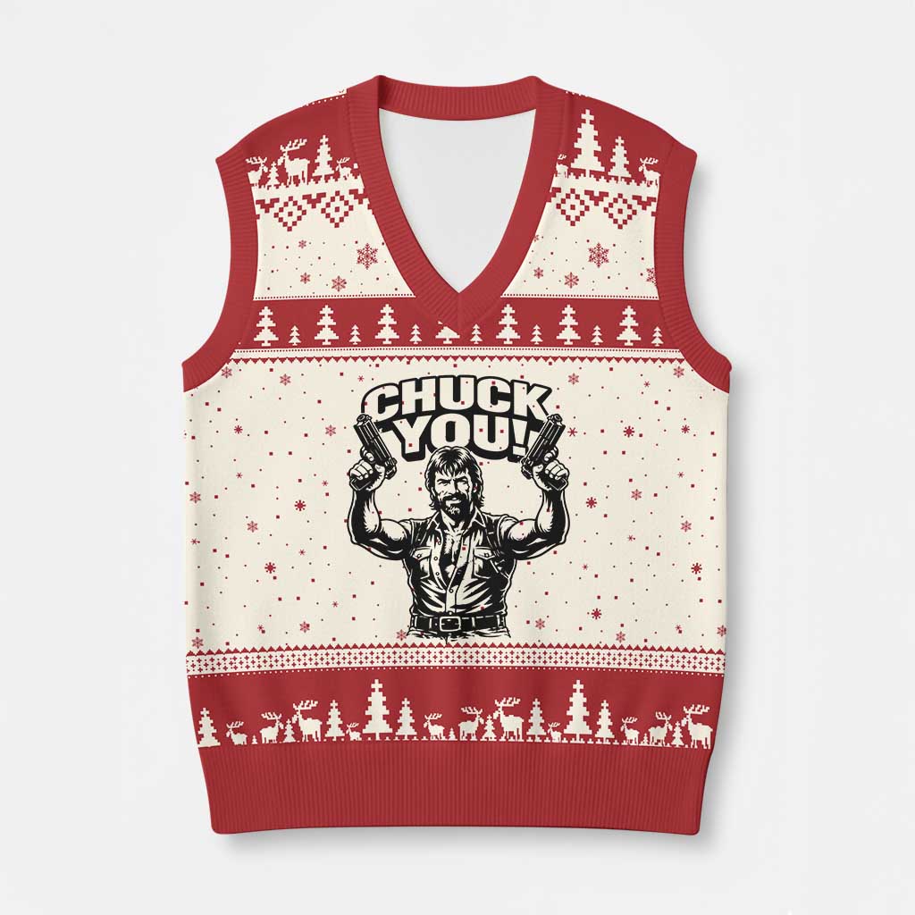 Chuck You Funny Action Legend V-Neck Knit Sweater Vest Tough Guy Meme Dual Guns Retro Humor for Patriotic Fans TS02 Beige Red Print Your Wear