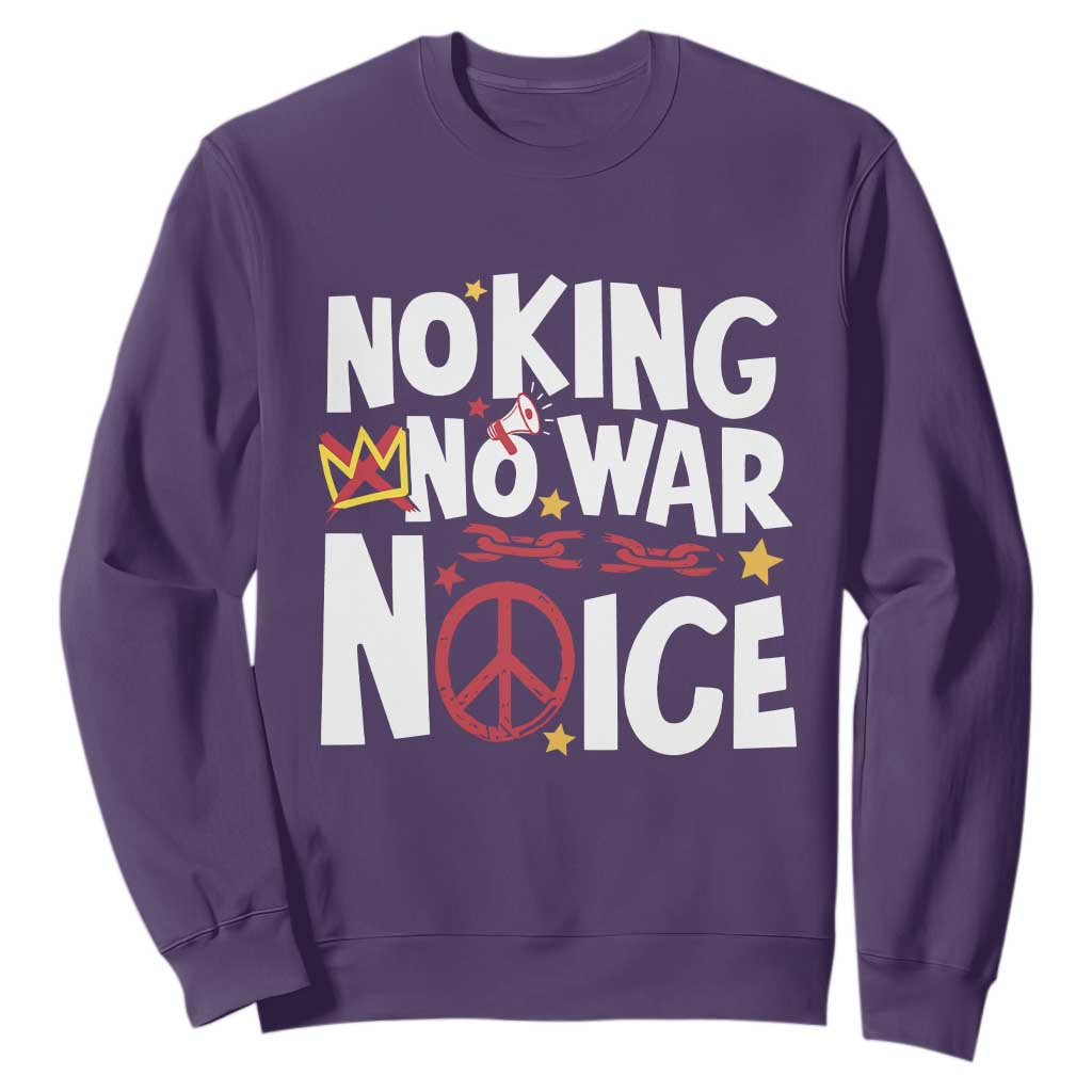 No Kings No Wars No Ice Bold Typography Sweatshirt Peace Symbol Anti War Activist Human Rights TS02 Purple Print Your Wear