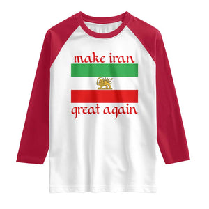 Make Iran Great Again Raglan Shirt Vintage Lion and Sun Flag Patriotic Iranian Pride TS02 White Red Print Your Wear
