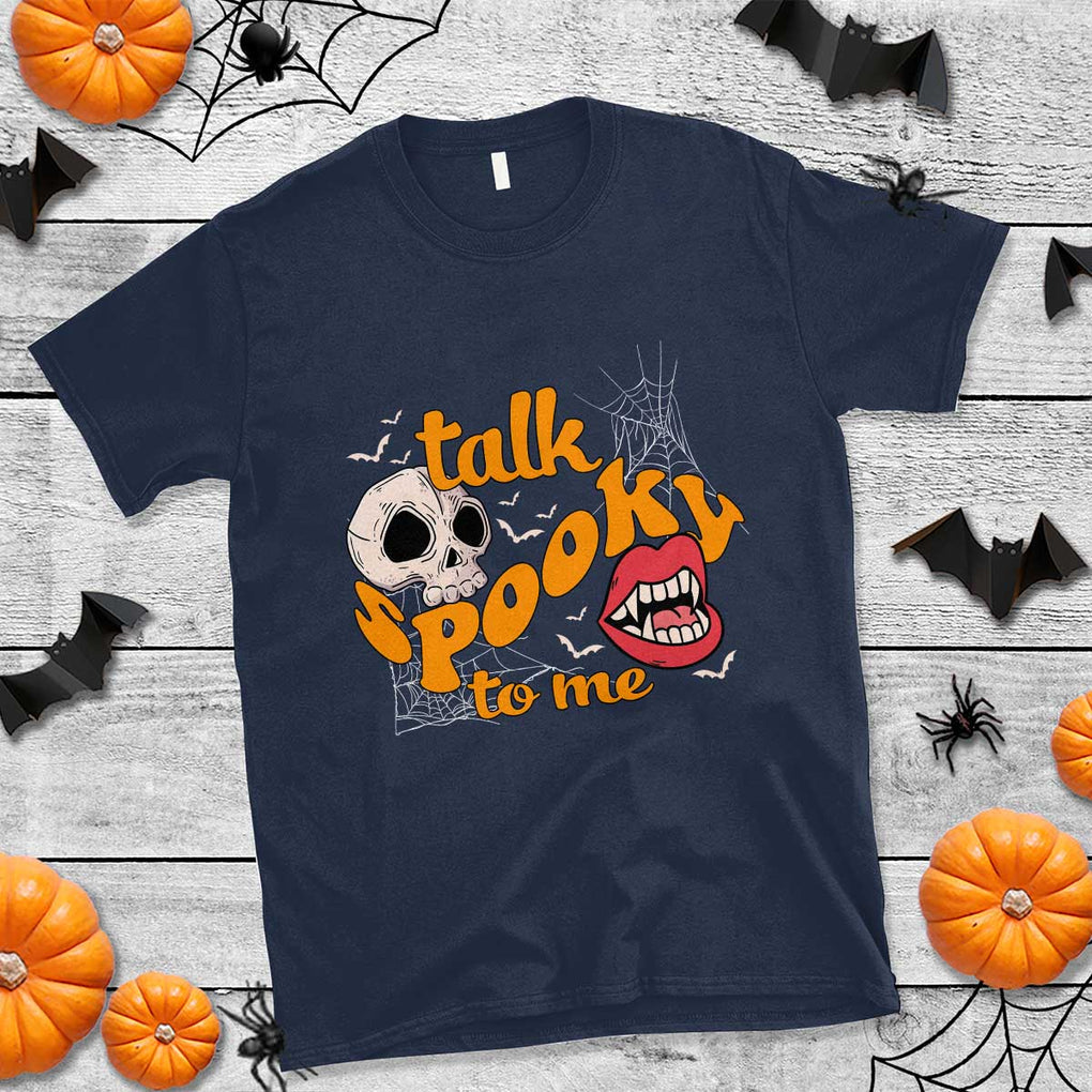 Spooky Halloween T Shirt Talk Spooky To Me Skull Vampire Mouth TS02 Navy Print Your Wear