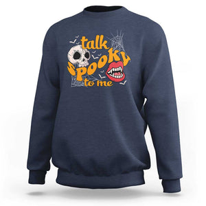 Spooky Halloween Sweatshirt Talk Spooky To Me Skull Vampire Mouth TS02 Navy Print Your Wear