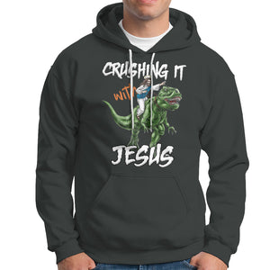 Crushing It With Jesus Hoodie Funny Riding Dinosaur TS02 Dark Heather Printyourwear