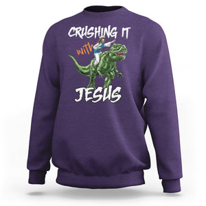 Crushing It With Jesus Sweatshirt Funny Riding Dinosaur TS02 Purple Printyourwear