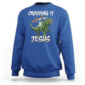 Crushing It With Jesus Sweatshirt Funny Riding Dinosaur TS02 Royal Blue Printyourwear