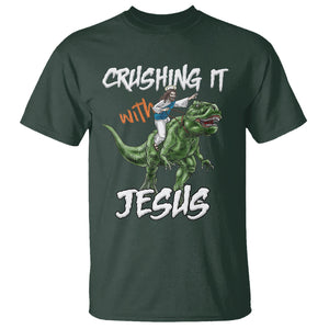 Crushing It With Jesus T Shirt Funny Riding Dinosaur TS02 Dark Forest Green Printyourwear