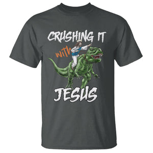 Crushing It With Jesus T Shirt Funny Riding Dinosaur TS02 Dark Heather Printyourwear