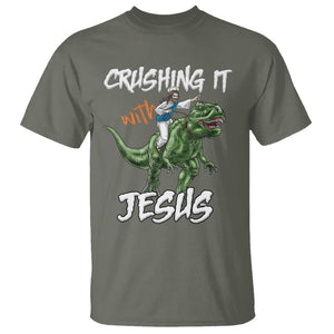 Crushing It With Jesus T Shirt Funny Riding Dinosaur TS02 Military Green Printyourwear