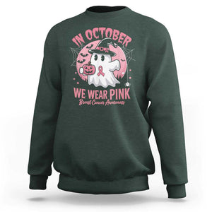 Halloween Breast Cancer Awareness Sweatshirt In October We Wear Pink Cute Boo Sheet TS02 Dark Forest Green Print Your Wear