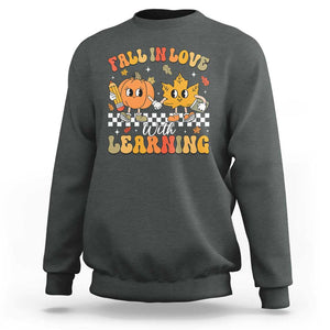 Fall In Love With Learning Sweatshirt Retro Autumn Pumpkin For Teacher Student TS02 Dark Heather Print Your Wear