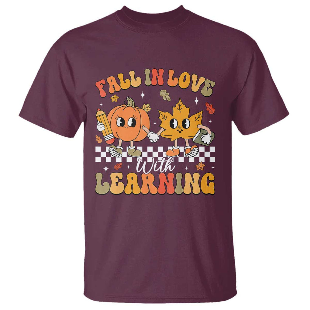 Fall In Love With Learning T Shirt Retro Autumn Pumpkin For Teacher Student TS02 Maroon Print Your Wear