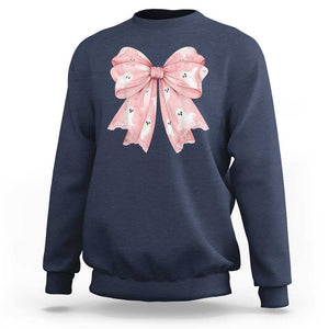 Pink Ghost Bow Coquette Sweatshirt Cute Girlly Boo Sheet Halloween Spooky Season TS02 Navy Print Your Wear