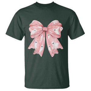 Pink Ghost Bow Coquette T Shirt Cute Girlly Boo Sheet Halloween Spooky Season TS02 Dark Forest Green Print Your Wear