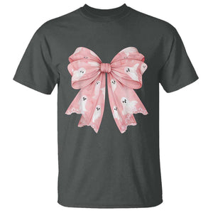 Pink Ghost Bow Coquette T Shirt Cute Girlly Boo Sheet Halloween Spooky Season TS02 Dark Heather Print Your Wear