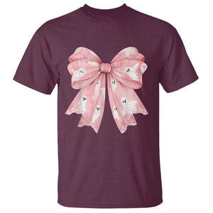 Pink Ghost Bow Coquette T Shirt Cute Girlly Boo Sheet Halloween Spooky Season TS02 Maroon Print Your Wear