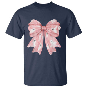 Pink Ghost Bow Coquette T Shirt Cute Girlly Boo Sheet Halloween Spooky Season TS02 Navy Print Your Wear