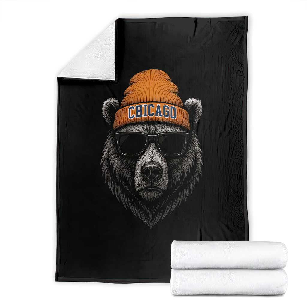 Cool Bear Chicago Graphic Throw Blanket Retro Vibe City Pride Beanie and Sunglasses TS02 Black Print Your Wear