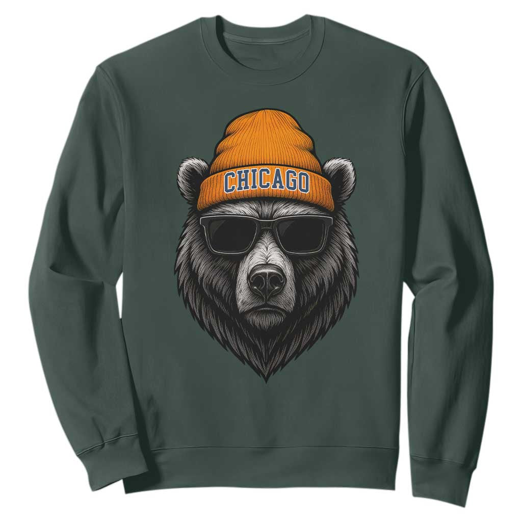 Cool Bear Chicago Graphic Sweatshirt Retro Vibe City Pride Beanie and Sunglasses TS02 Dark Forest Green Print Your Wear