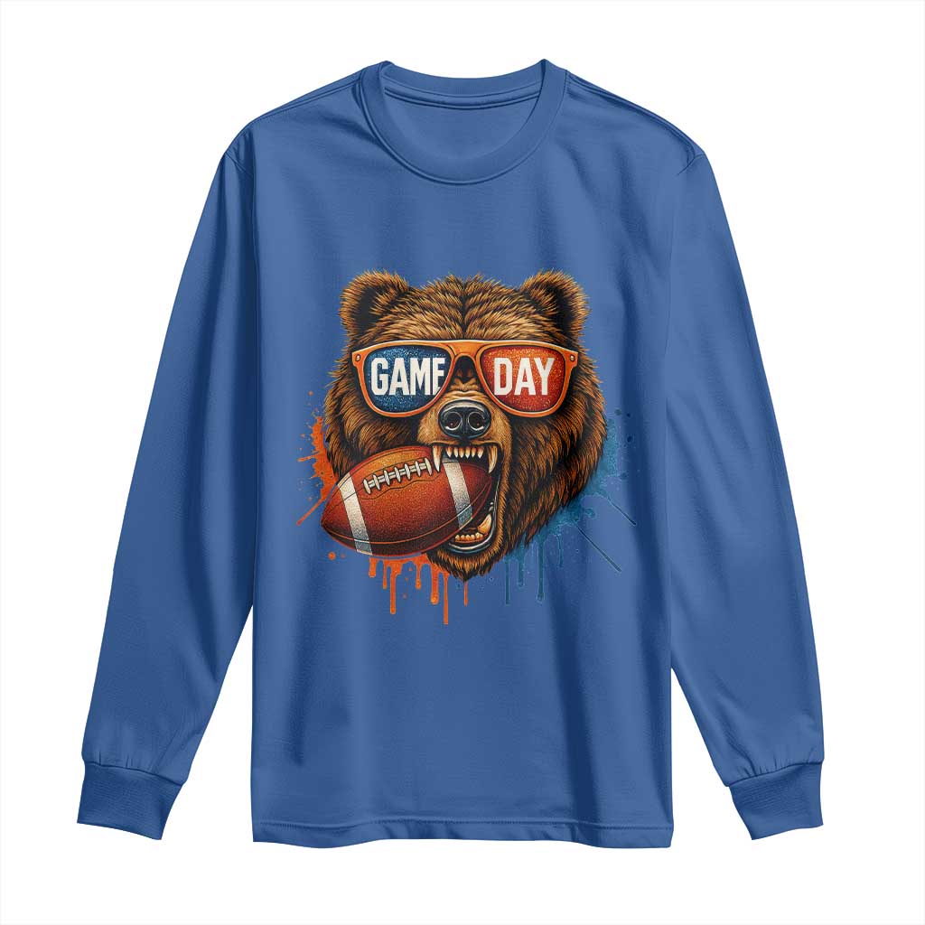 Cool Game Day Bear Graphic Long Sleeve Shirt Bold Football Fan Dripping Paint TS02 Royal Blue Print Your Wear