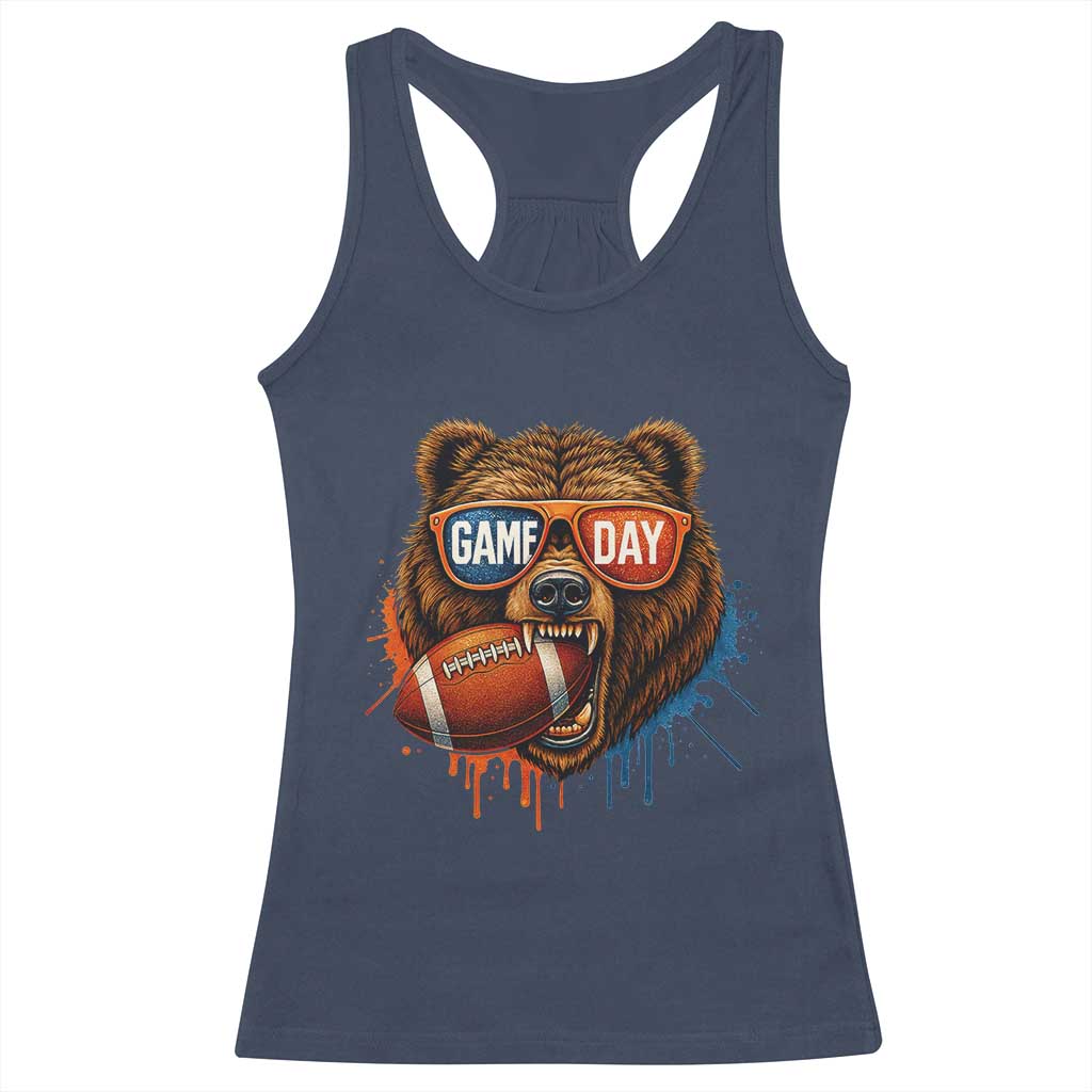 Cool Game Day Bear Graphic Racerback Tank Top Bold Football Fan Dripping Paint TS02 Navy Print Your Wear