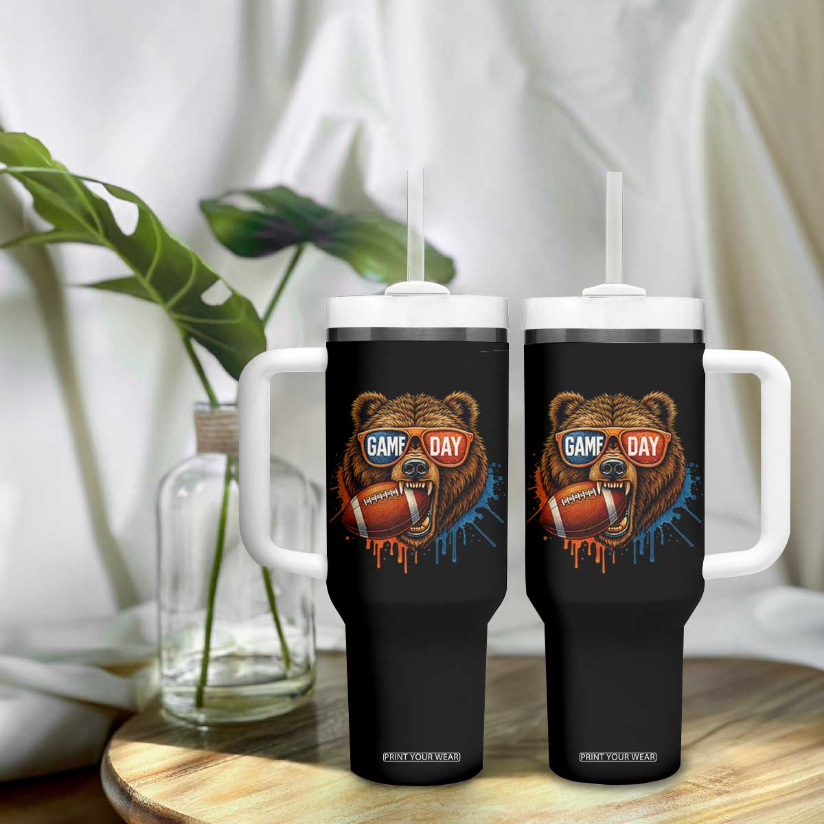 Cool Game Day Bear Graphic Tumbler With Handle Bold Football Fan Dripping Paint TS02 Print Your Wear