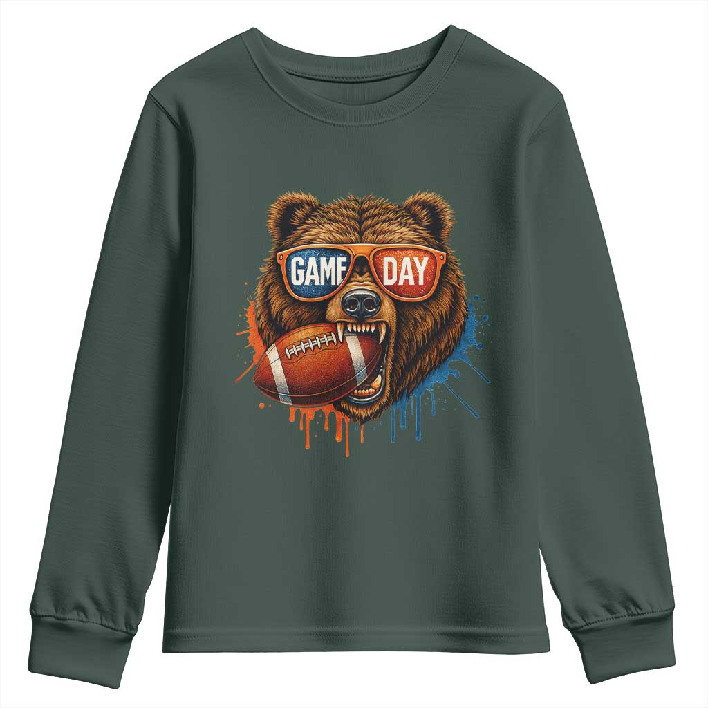 Cool Game Day Bear Graphic Youth Sweatshirt Bold Football Fan Dripping Paint TS02 Dark Forest Green Print Your Wear